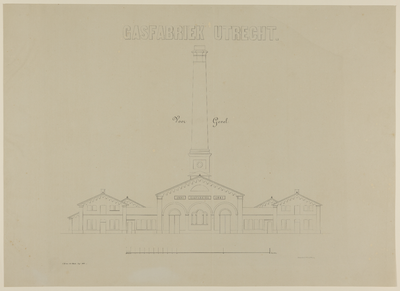 217531 Opstand van de voorgevel van de Gasfabriek aan de Wittevrouwensingel te Utrecht, met de schoorsteen.